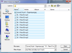 Select mp3 files for music and jpg/png/gif files for album art